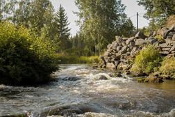Virtaava joki kivisen penkereen vieressä, jota ympäröivät vehreät pensaat ja puut aurinkoisessa kesämaisemassa.